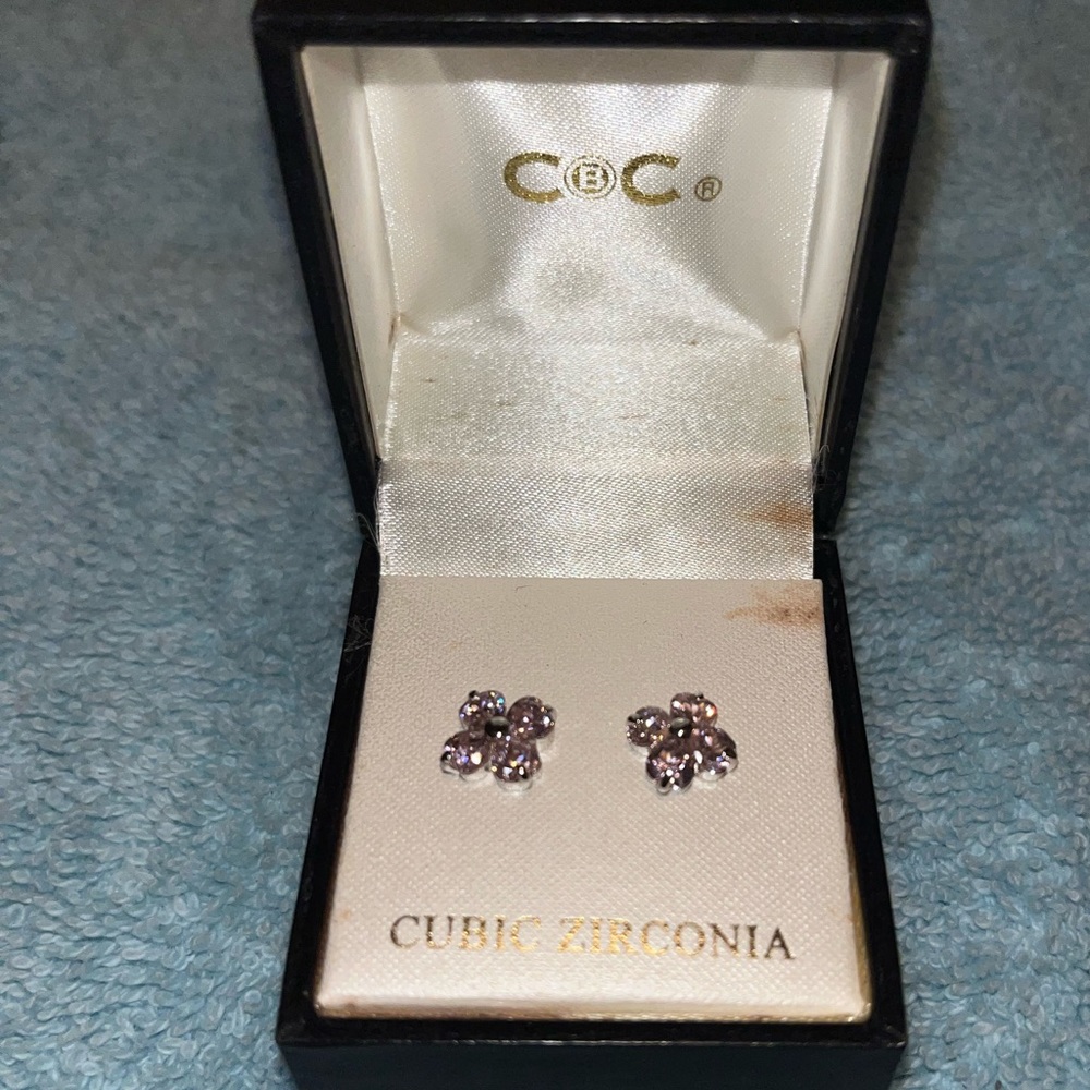 CBC Pink Daisy CZ Earrings in a Silver Setting.